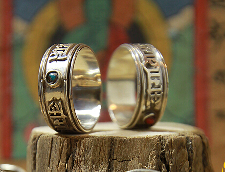 Handcraft Nepal 925 Silver Mantra Om Mani Padme Hum Spinning Prayer Ring With Turquoise